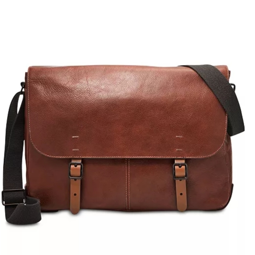 Fossil Buckner Leather Messenger Laptop Bag Black Cherry